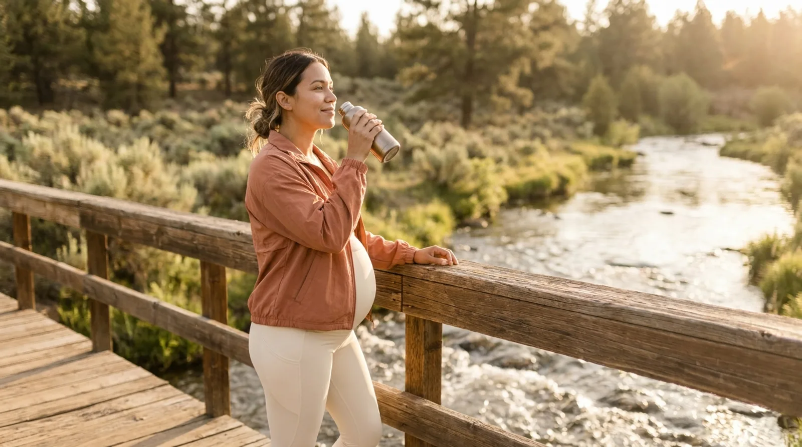 A pregnant mom pausing for a sip of water on a wooden footbridge over a creek