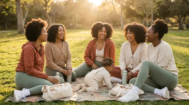 A small pod of moms laughing together on a picnic blanket in a park while a baby crawls between them.
