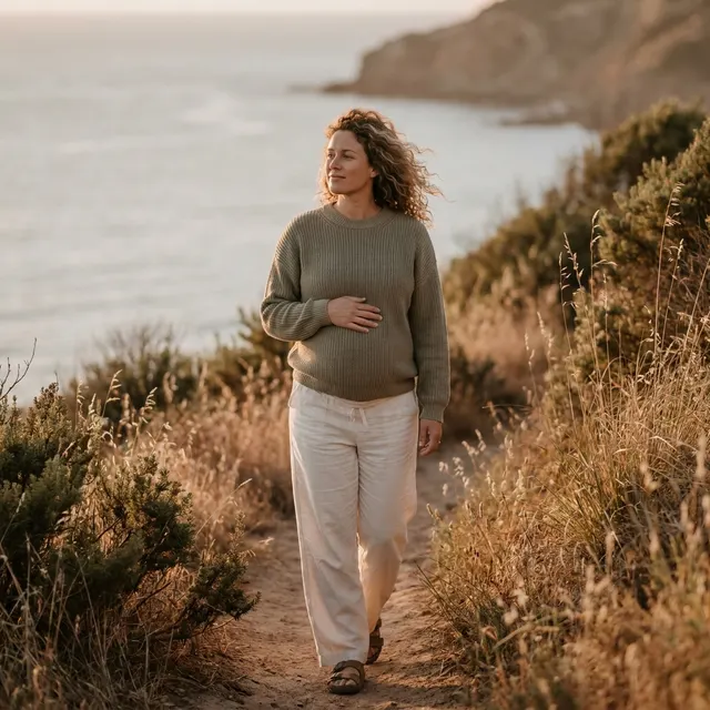 A pregnant woman walking a quiet coastal path at golden hour, one hand resting on her bump.